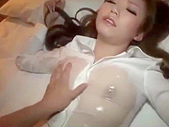 Hot Office Lady In Shirt Getting Her Tits Rubbed Massaged With Oil Pussy Fingered On The Bed In The Hotel Room