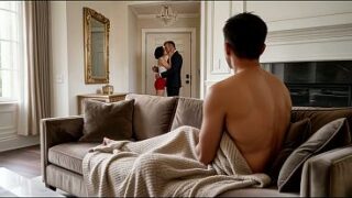 Cuckold husband watches his Asian wife walk her lover out after being fucked and creampied ( AI Generated )